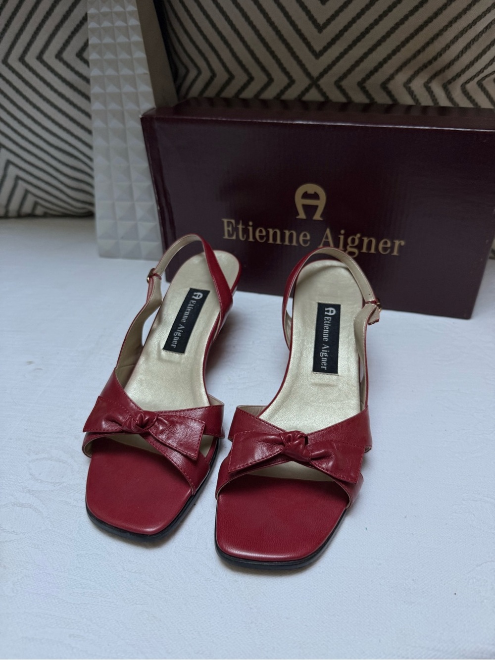 Etienne Aigner Red Leather Slingback Heels with front bow detail